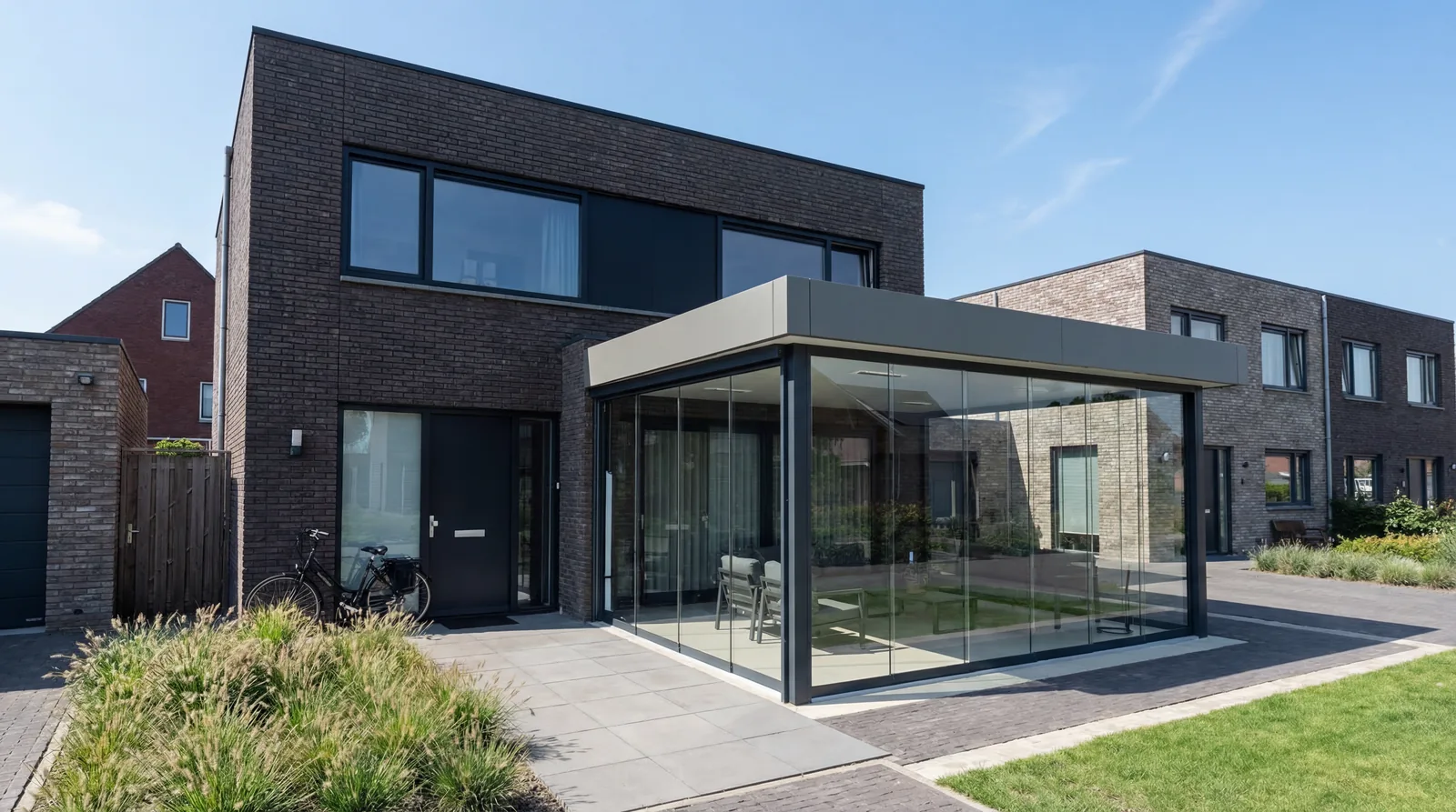 Verandera glazen schuifwand bij modern huis — strakke aluminium profielen in antraciet