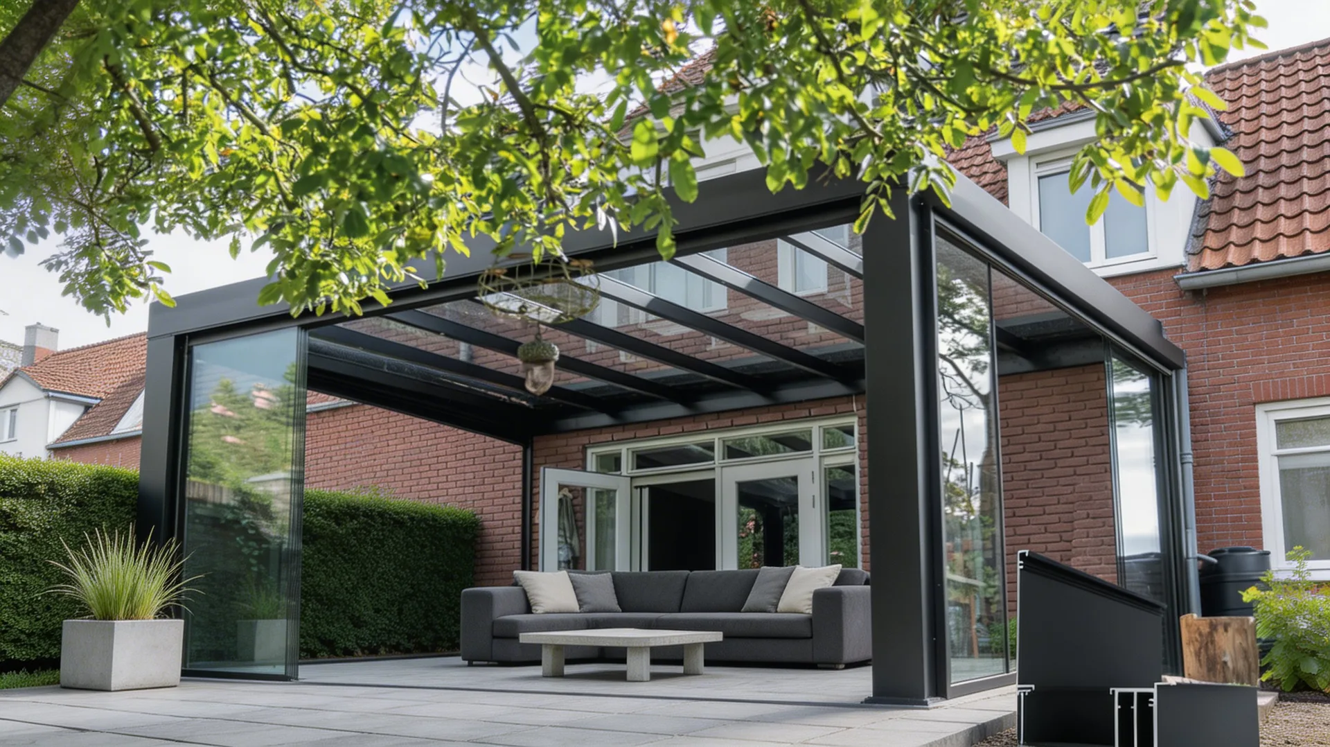 Verandera Cube veranda met vlakke daklijn en glazen wanden in antraciet aluminium — modern strak design