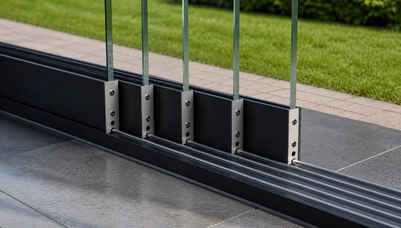 Detail van het Verandera glazen schuifwand railsysteem met aluminium profiel en helder gehard glas