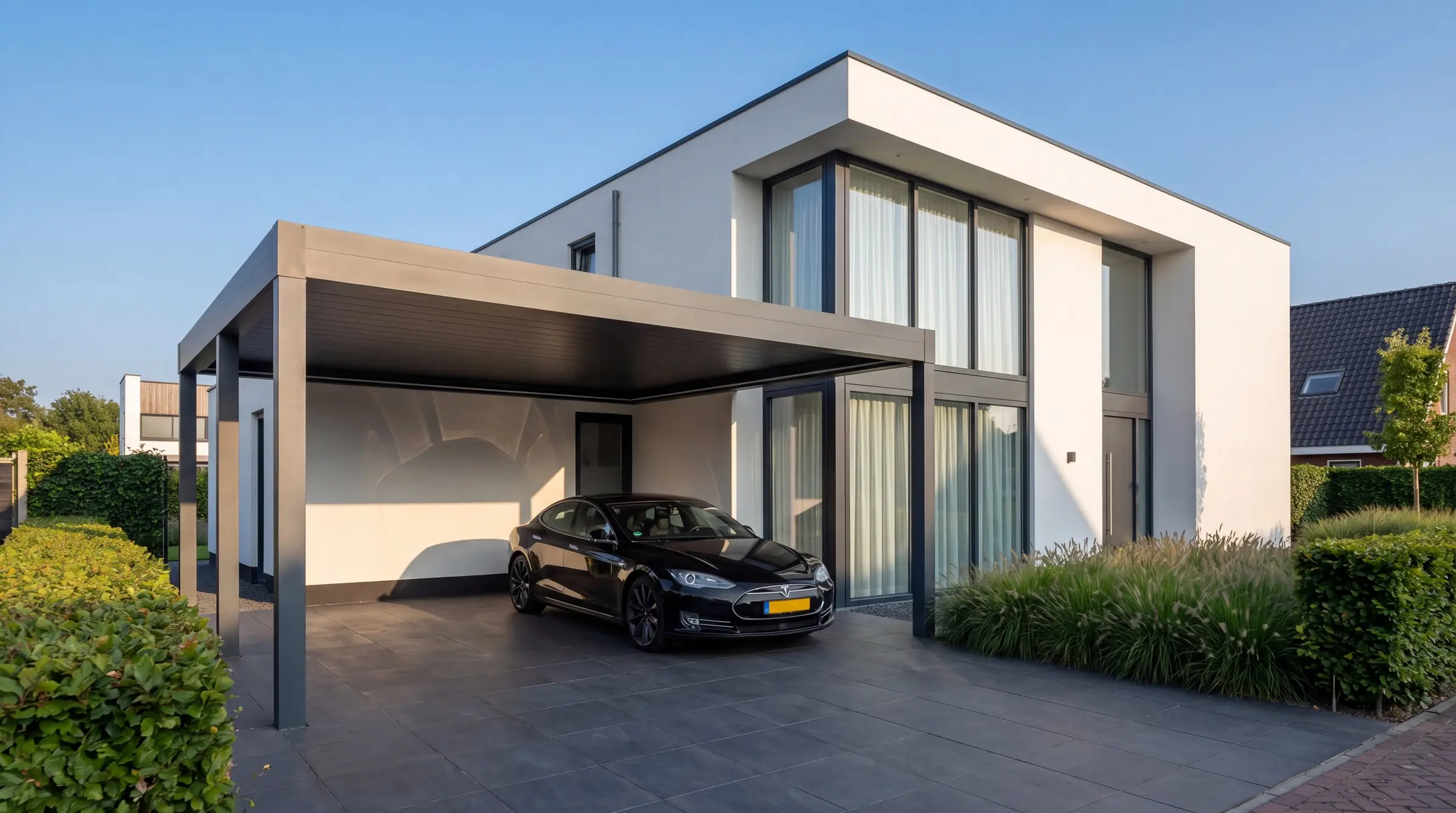 Verandera Shield carport in antraciet aluminium met stalen dak bij moderne witte villa — vrijstaande carport met Tesla