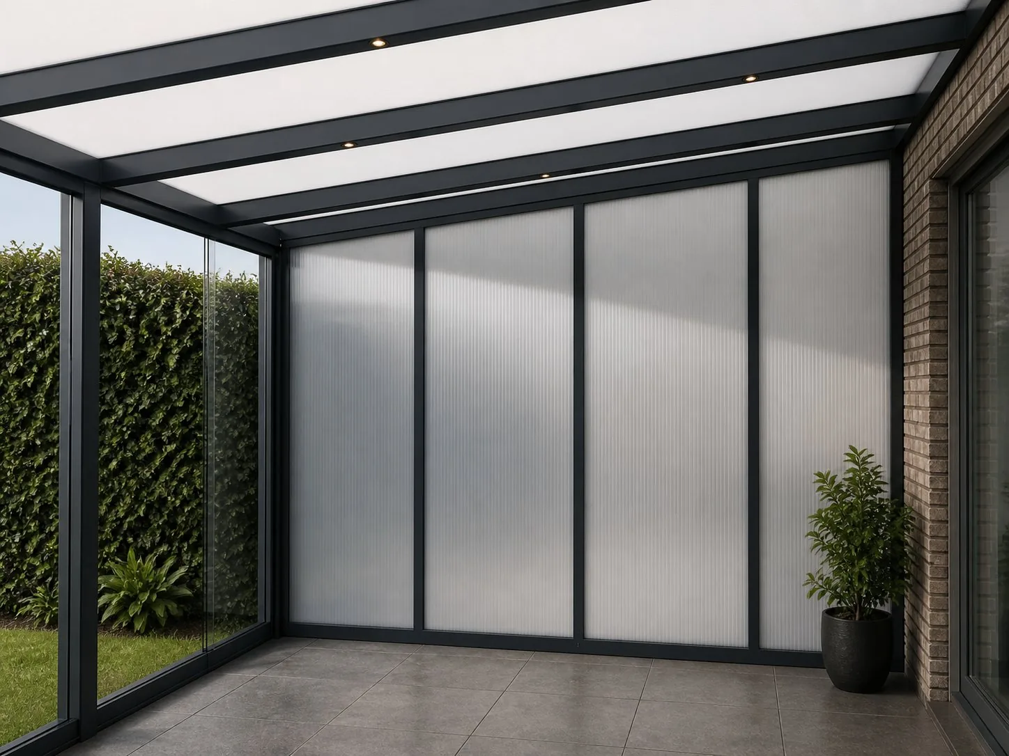 Verandera vaste wand met polycarbonaat panelen in aluminium frame antraciet — lichtdoorlatend en winddicht