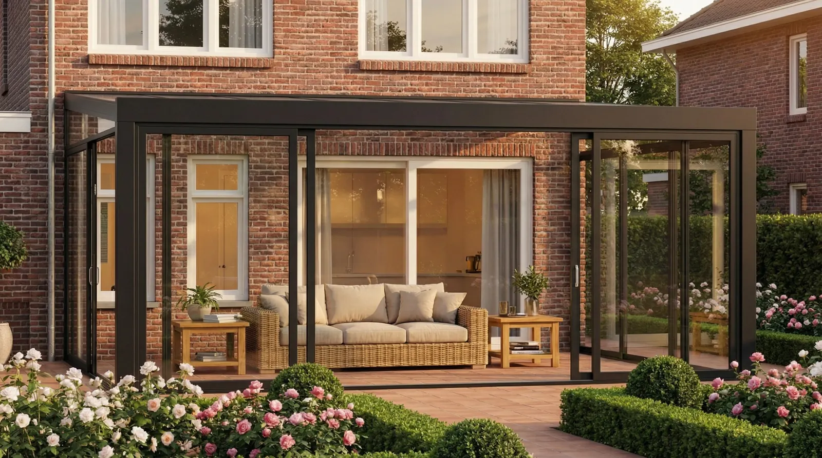 Verandera veranda met glazen schuifwanden aan een woning met tuin — aluminium veranda op maat
