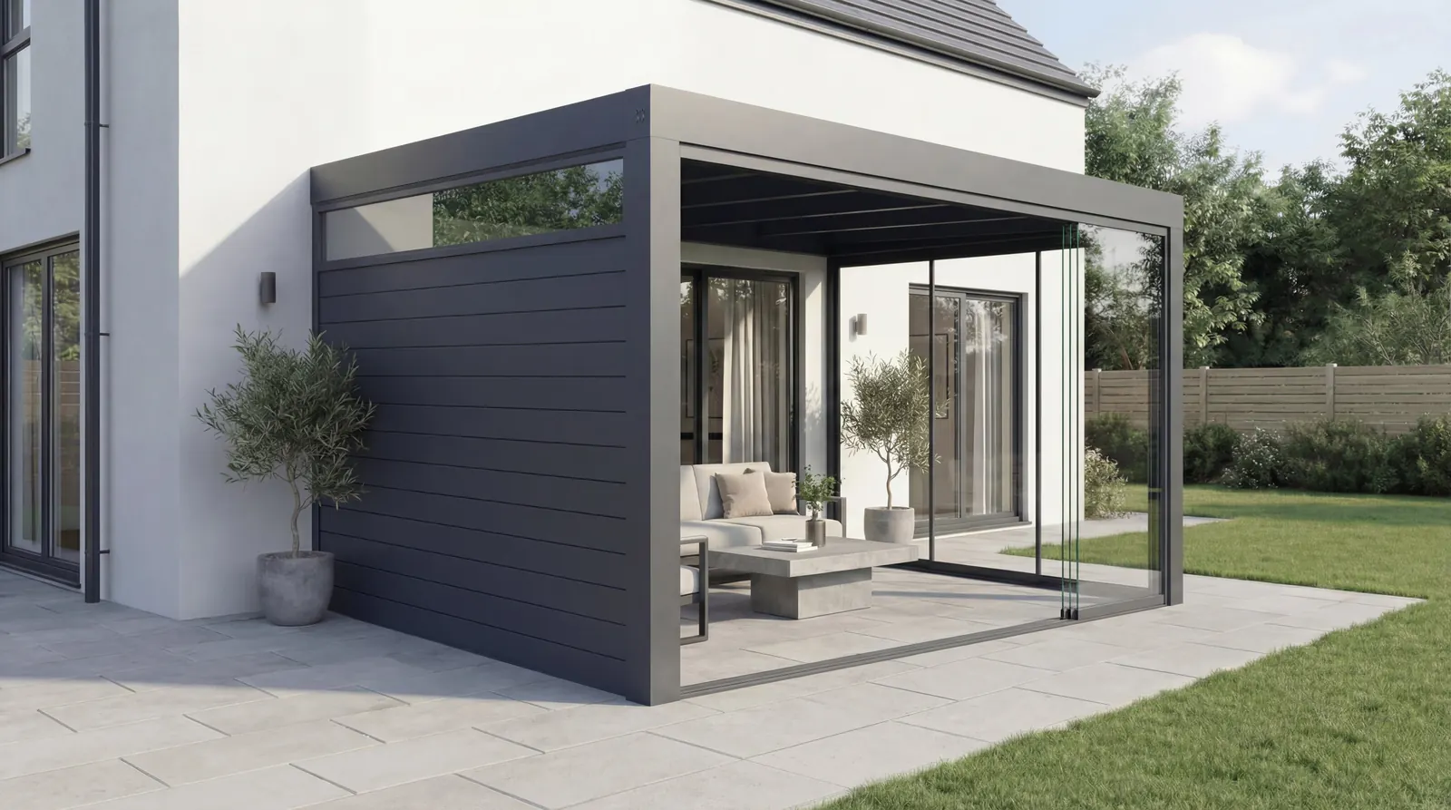 Verandera Cube tuinkamer met donker aluminium frame en glazen wanden — moderne tuinkamer op maat